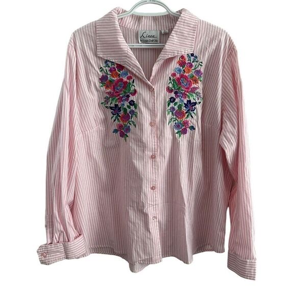 Linea by Louis Dell'Olio Pink Stripe Colorful Embroidered Flowers Blouse Size XL - Picture 1 of 6